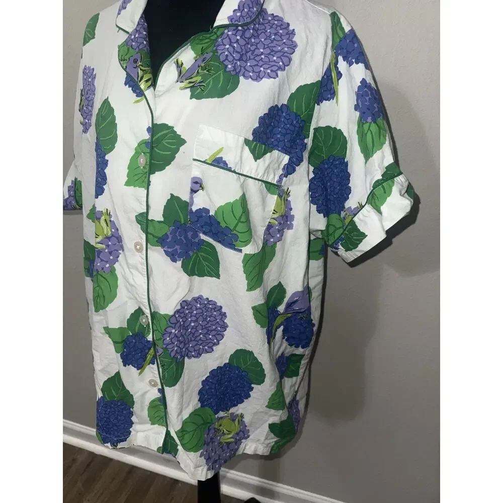 Printfresh Hydrangea Frog Pajama Short Set Green Piping Whimsical Cottagecore 1X